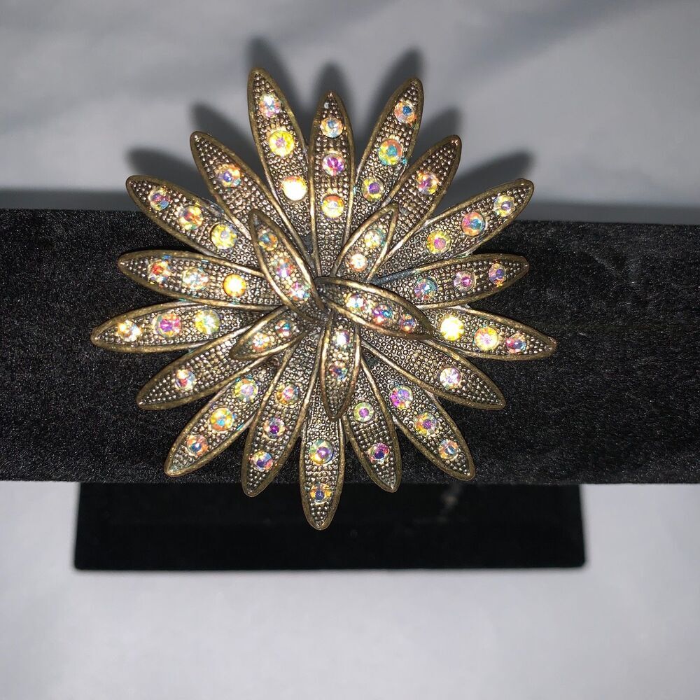 Vintage Sea Urchin Brooch N1,1980's Gold Iridescence Color Rhinestone Brooch - Picture 8 of 13